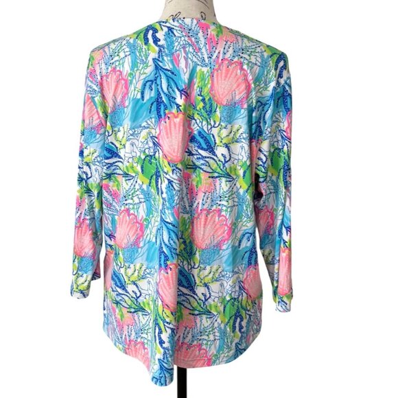 Lulu B. Womens V-Neck Top 3/4 Sleeves Size XL Blue Pink Ocean Shell Tropical - Picture 3 of 8